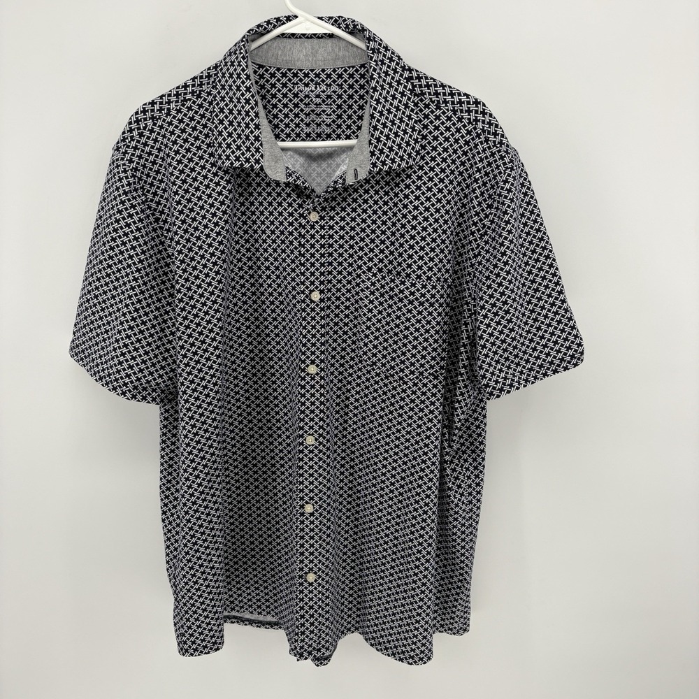 Tailor Vintage Mens XXL Navy White Geometric Print Cotton Stretch Button Shirt